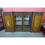 A Victorian Sheraton Revival painted satinwood and amboyna breakfront side cabinet