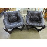 A pair of Odd Knutsen style beech and brown leather Luna chairs