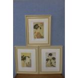 Three Japanese Geisha girl prints, framed