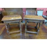 A pair of similar 17th Century style joint oak stools