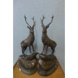 A pair of large French style bronze figures of stags, on black marble plinths