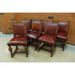 A set of eight 17th Century style carved oak and red leather chairs