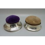 Two silver mounted trinket boxes/pin cushions, Birmingham 1911 and 1912