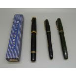 A Pelikan Souveran fountain pen with 18ct gold nib and two pens with 14ct gold nibs, Parker