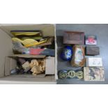 A box of assorted items, horse brasses, sarcophagus tea caddy, Gunn & Moore cricket bat, flatware,