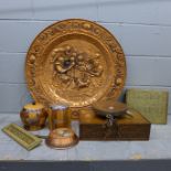 A box of assorted items including two biscuit barrels and a large copper plaque **PLEASE NOTE THIS