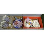 Two boxes of mixed china and glass including Panda brand jardinieres, two lidded vases, Royal Albert