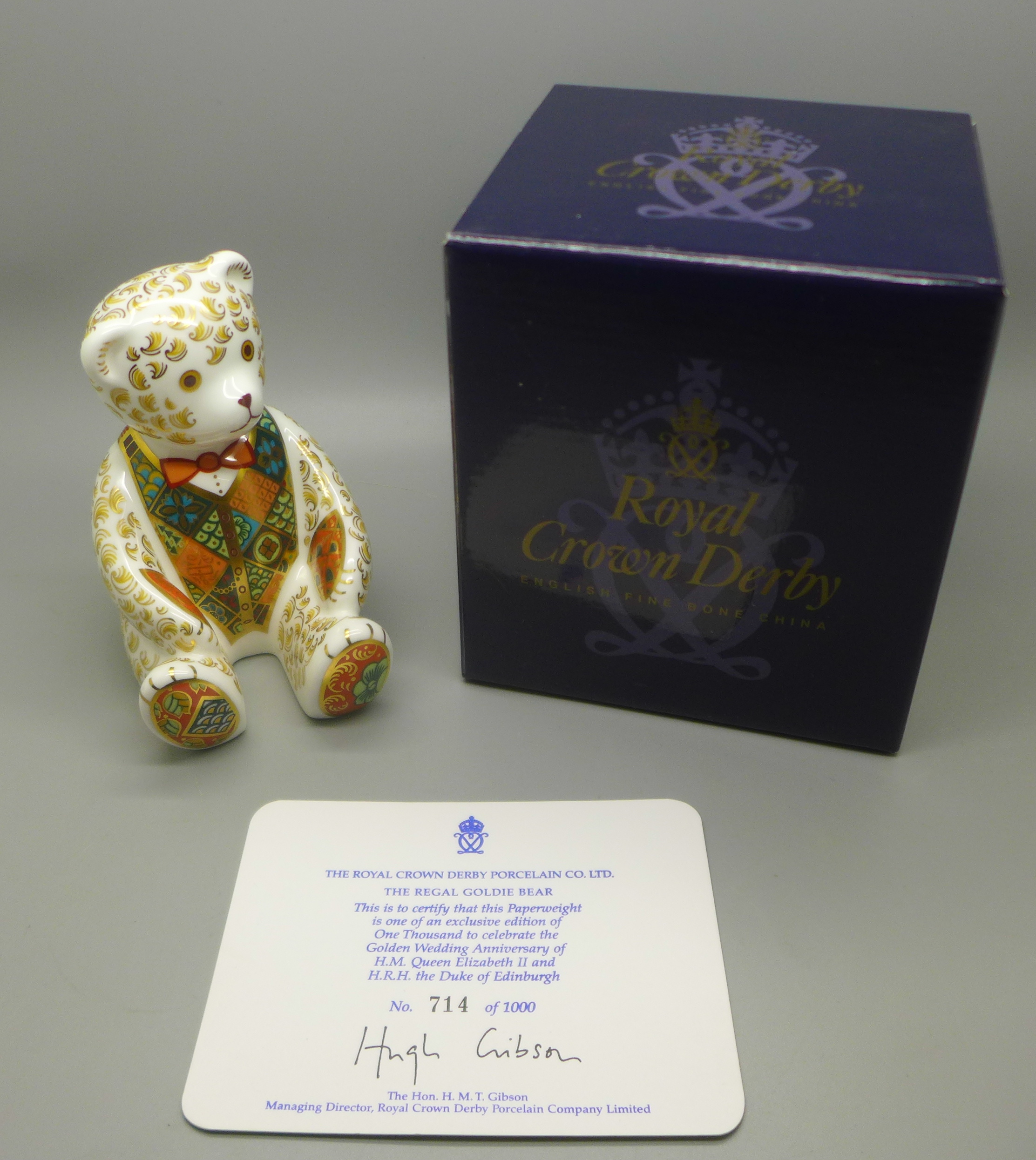 A Royal Crown Derby Regal Goldie Bear paperweight, limited edition, John Ablitt, Queen's Golden