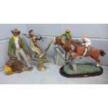 A metal figure of a Roman Centurion, a resin figure of a horse and jockey, two figures of cowboys