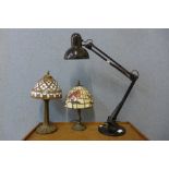 Two Tiffany style table lamps and an anglepoise lamp