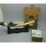 A Chinese enamel box, a bone opium pipe and a carved wooden picture frame