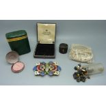 An enamelled buckle, loose faux pearls, buttons, two vintage jewellery boxes and ring box, a