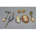 Cameo jewellery including two cameo necklaces, brooch, earrings, unmounted cameos, etc.