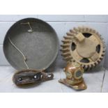 Ship related items, including a pulley, a miniature diver's helmet and a piece of windmill equipment