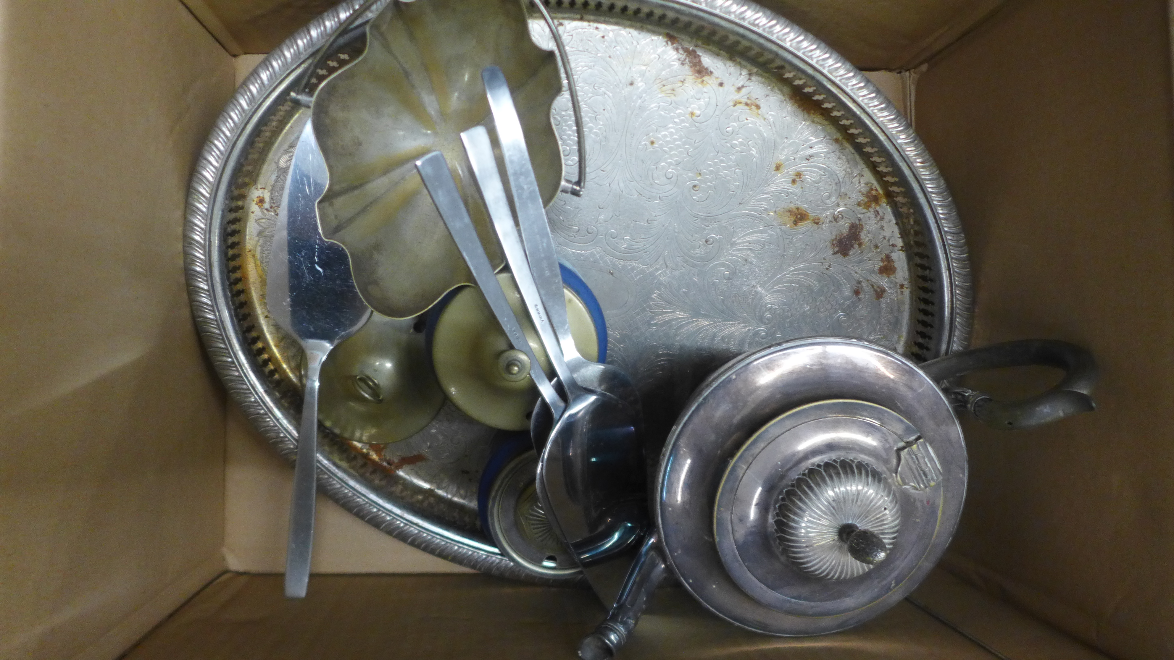 A box of silver plated items, tea pot, gallery tray, a travel vanity set, etc. **PLEASE NOTE THIS - Image 2 of 3