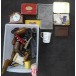 A collection of items including cigarette cards, four French and German corkscrews, a clock and a