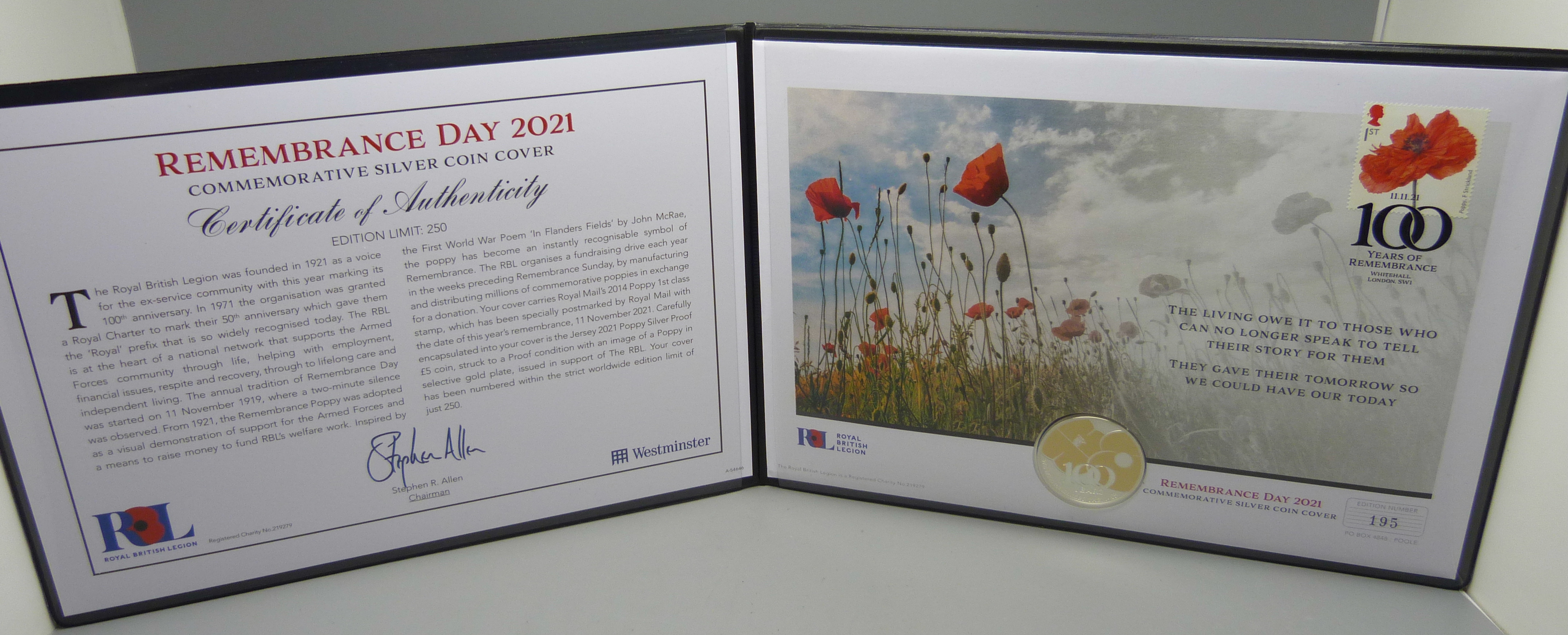A Remembrance Day 2021 commemorative silver proof coin cover, limited edition 195/250