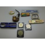 A collection of assorted items including a cheroot holder, a pipe, a Mappin & Webb spoon, etc.