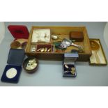 A silver medallion, yellow metal Masonic cufflinks, badges, a wooden snuff box, etc.