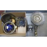 A collection of metalware including an inlaid globe on stand, silver plated items, etc. **PLEASE