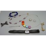 Two Carrie Elspeth necklaces, a bow brooch, M&S wristwatch, Dee pendant and chain, two rings, a