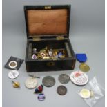 Twenty-nine enamel badges, thirteen buttons, twelve badges and pins and commemorative coins