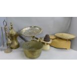 Two sets of kitchen scales, a brass jam pan, companion set, etc. (two boxes) **PLEASE NOTE THIS