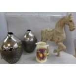 A model of a horse, two vases and a jug **PLEASE NOTE THIS LOT IS NOT ELIGIBLE FOR POSTING AND