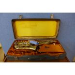 A Boosey & Hawkes saxophone, cased