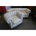 A cream leather Chesterfield settee and matching club chair