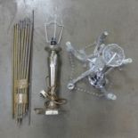 Assorted stair rods, a ceiling light and a table lamp