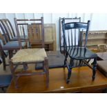 A Victorian painted kitchen chair and an Arts and Crafts elm rush seated chair