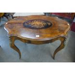 A Victorian marquetry inlaid walnut and gilt metal mounted serpentine centre table