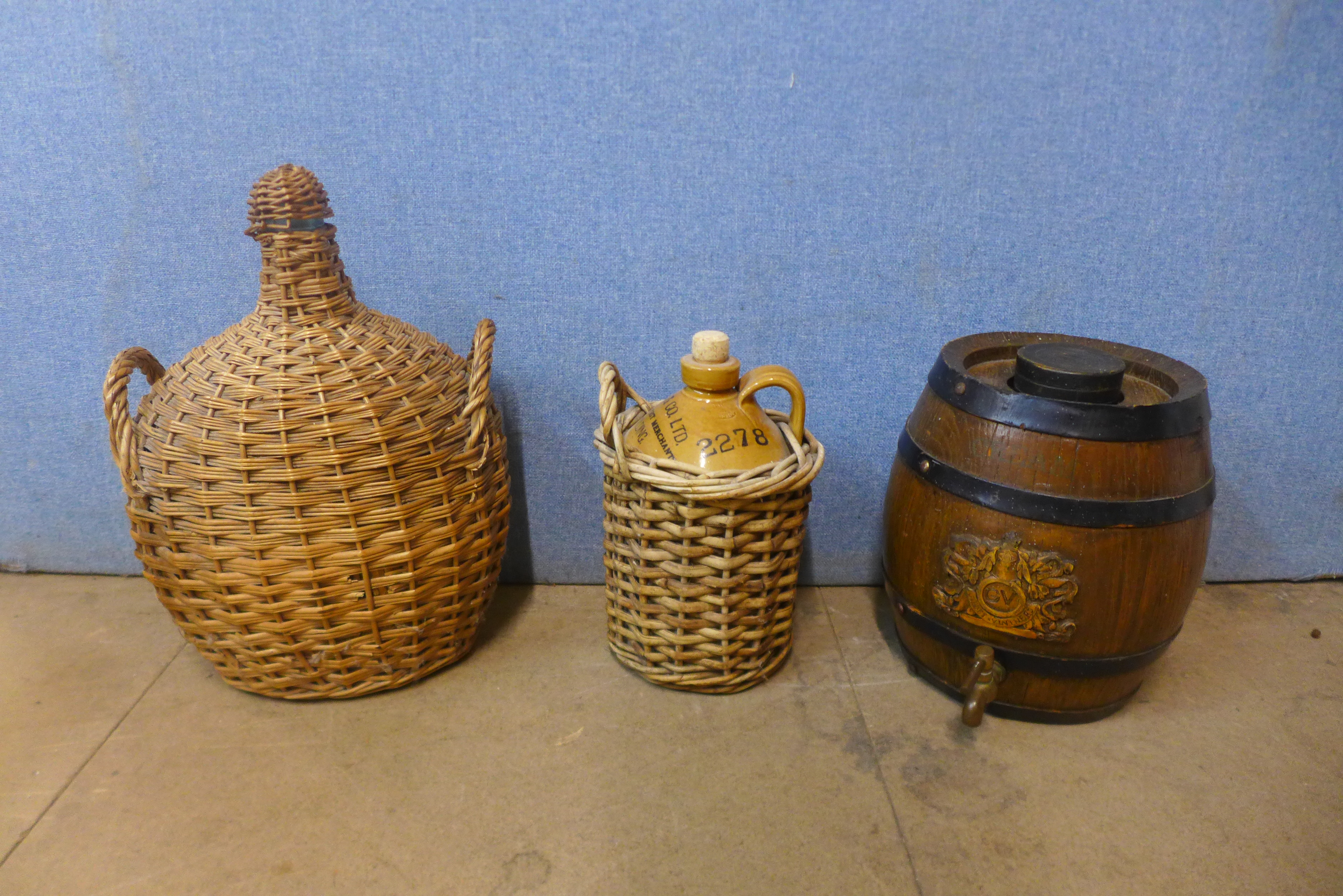 A small oak effect barrel, stoneware jug, etc.