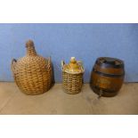 A small oak effect barrel, stoneware jug, etc.