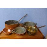 Copper saucepans, a brass jam pan, ladle, etc.