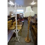 A beech standard lamp and a painted bentwood coatstand