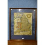 An 18th Century hand coloured map of England and Wales, by Paul de Rapin de Thoyras, framed