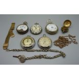 Five pocket watches, a sovereign case, a guard chain, an Albert chain and a rolled gold wristwatch