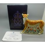 A Royal Crown Derby paperweight - Cheetah Daddy, commissioned by Goviers of Sidmouth, limited