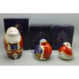 Three Royal Crown Dery paperweights, Santa Claus, 1997, John Ablitt, Robin and Anniversary Robin,