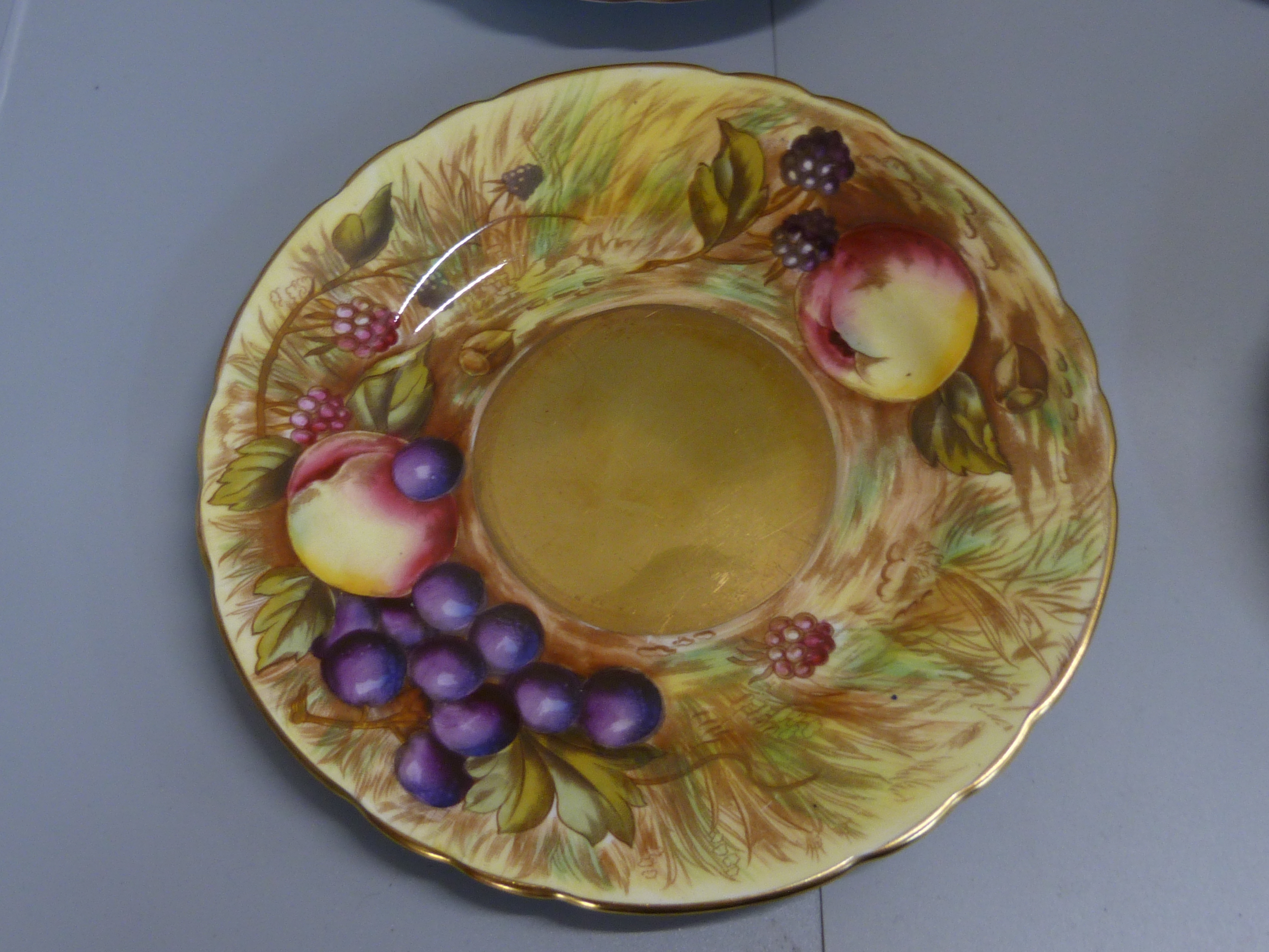 A set of six Aynsley cups, saucers and tea plates, decorated with fruit and berries in gold rim - Image 12 of 13