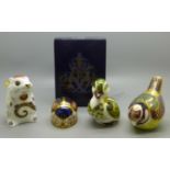 Four Royal Crown Derby paperweights Starling, Mouse, Derbyshire Duckling and Beetle, all with gold