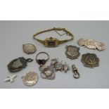 A silver name brooch, Maria, a silver RAF brooch, a plated wristwatch, etc., some a/f