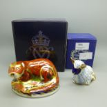 Two Royal Crown Derby paperweights, Lamb and Otter, with gold stoppers boxed