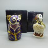 Two Royal Crown Derby paperweights, Puffin and Koala, boxed (Koala with silver stopper)