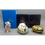 Three Royal Crown Derby paperweights, Country Mouse, Dora Mouse and Sleeping Dormouse, one limited