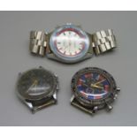 Three 'mock' chronograph wristwatch heads, one lacking case back