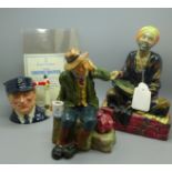 Two Royal Doulton figures, Owd Willum, The Mendicant and a character mug, The Engine Driver