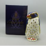 A Royal Crown Derby paperweight - Rockhopper Penguin, date mark for 2007, gold stopper, boxed